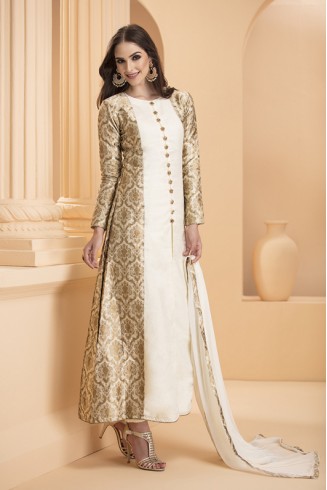 White & Gold Brocade Readymade Indian Dress