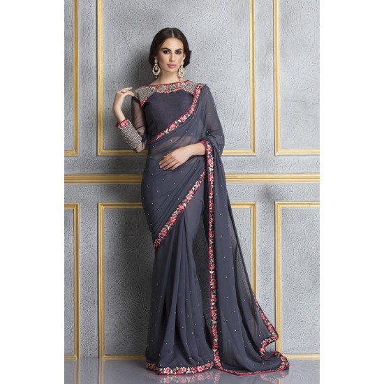 ZACS-63 GREY AND NAVY BLUE GEORGETTE EMBROIDERED SAREE