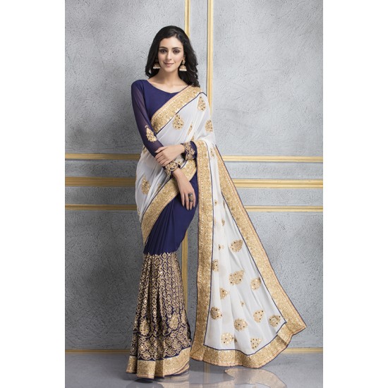 ZACS-70 WHITE AND NAVY GEORGETTE HEAVY MIRRORWORK WEDDING WEAR SAREE