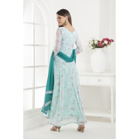 AQUA MARINE FLORAL PRINTED LONG ANARKALI READY MADE SUIT 