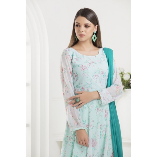 AQUA MARINE FLORAL PRINTED LONG ANARKALI READY MADE SUIT 