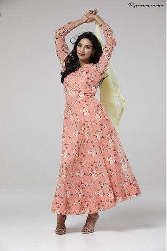 PEACH NOUGAT FLORAL PRINTED GEORGETTE READY MADE PARTY ANARKALI DESIGNER DRESS