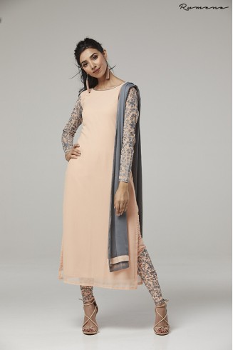Pretty Peach Dress Embroidered Sleeves Stylish Churidar Suit 