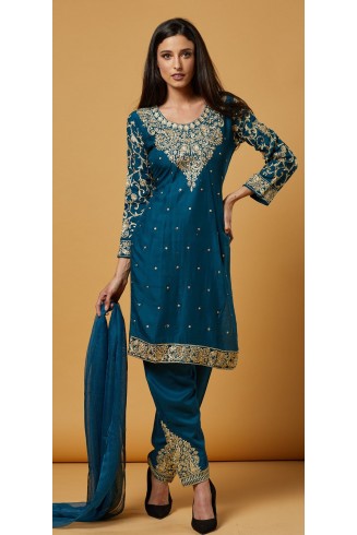 Turquoise Classic Embroidered Readymade Linen Salwar Suit