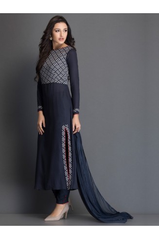 LONG LINE SALWAR KAMEEZ SUIT WITH PRINTED BODICE