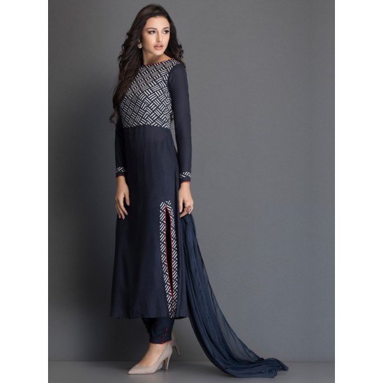 LONG LINE SALWAR KAMEEZ SUIT WITH PRINTED BODICE