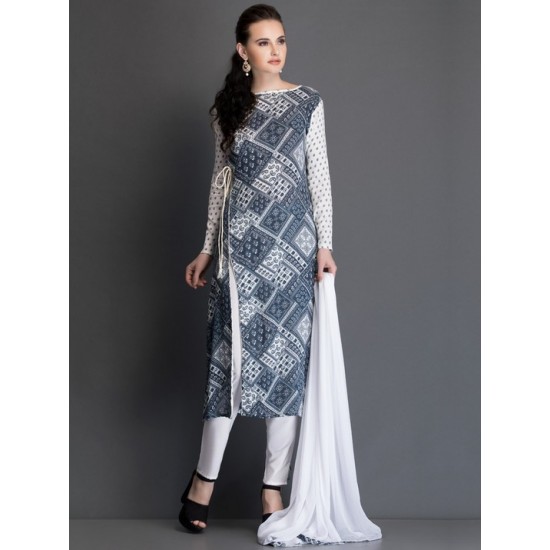 Blue Dress Wrap Printed White Design Readymade 