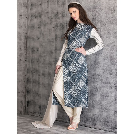 Blue Dress Wrap Printed White Design Readymade 