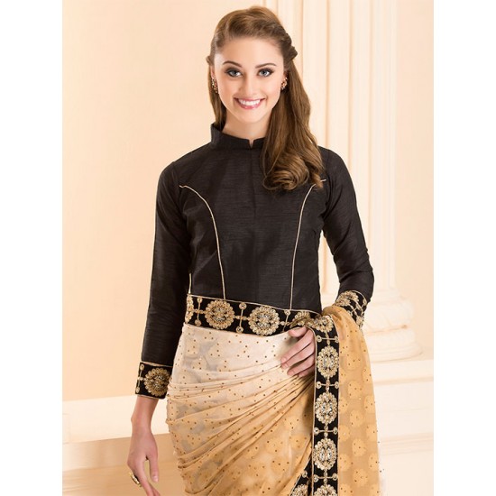 GOLD BEIGE OMBRE SAREE WITH STITCHED BLACK BLOUSE