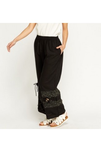 Stunning Black Embroidered Hem Wide Leg Trousers