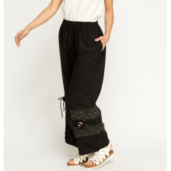 Stunning Black Embroidered Hem Wide Leg Trousers