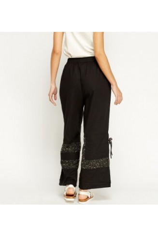 Stunning Black Embroidered Hem Wide Leg Trousers