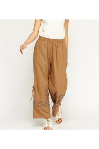 Stunning Beige Embroidered Hem Wide Leg Trousers