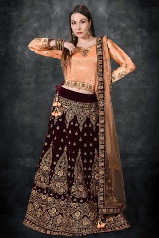 Peach & Wine Embellished Readymade Wedding Lehenga