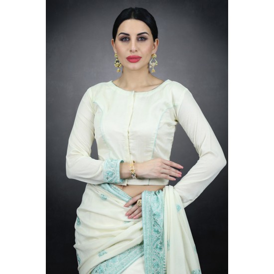 Ivory & Ferozi Embroidered Saree Indian Occasional Sari