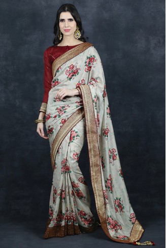 Fawn Floral Printed Saree Indian Party Wear Red Blouse Sari