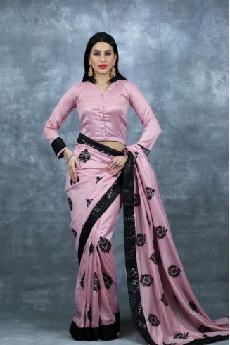 Rose Pink & Black Ethnic Saree Indian Wedding Party Sari