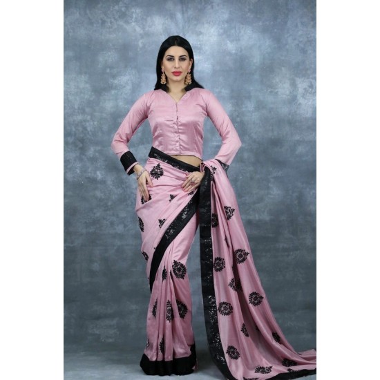 Rose Pink & Black Ethnic Saree Indian Wedding Party Sari
