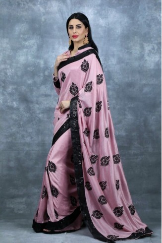 Rose Pink & Black Ethnic Saree Indian Wedding Party Sari