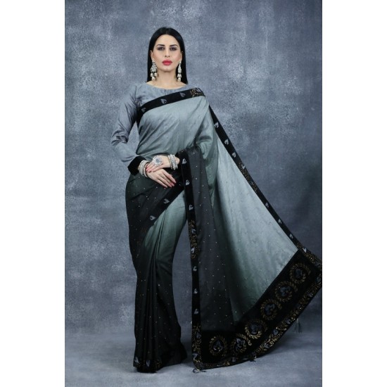 Grey & Black Embroidered Saree Indian Fancy Party Saree