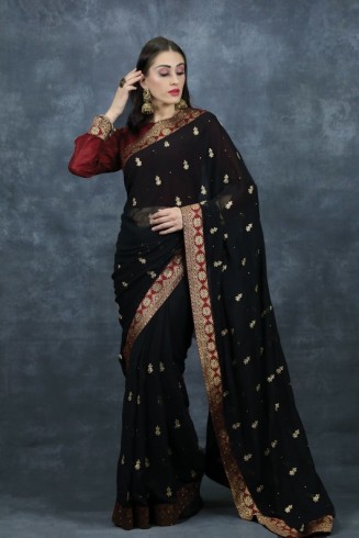 Black & Maroon Blouse Wedding Saree Ethnic Sari Shopping Online UK
