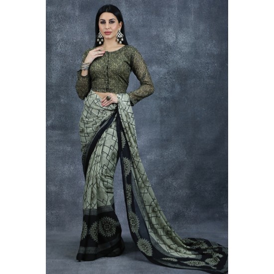 Olive Green Geometric Pattern Printed Saree Indian Casual Saree