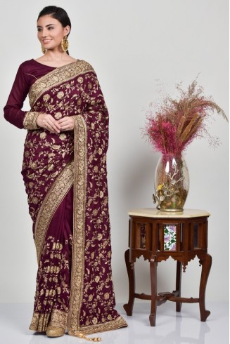 Dark Maroon Embroidered Designer Wedding Saree