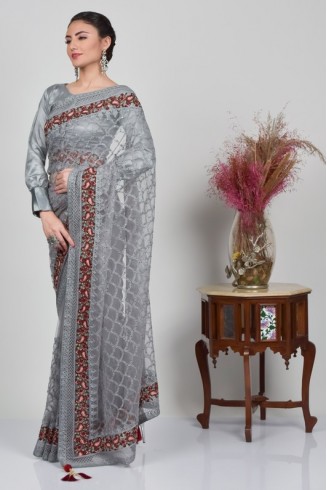Grey Indian Designer Net Saree