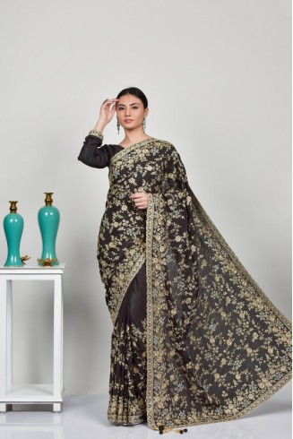 Dark Grey Embroidered Fancy Pakistani Designer Saree