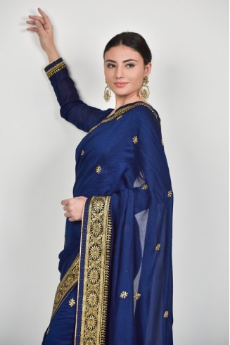 Navy Blue Stitched Wedding Evening Saree