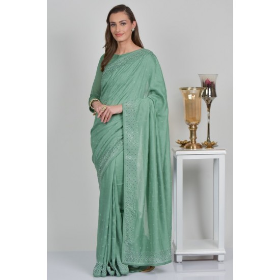 Dark Mint Designer Sequin Party Saree