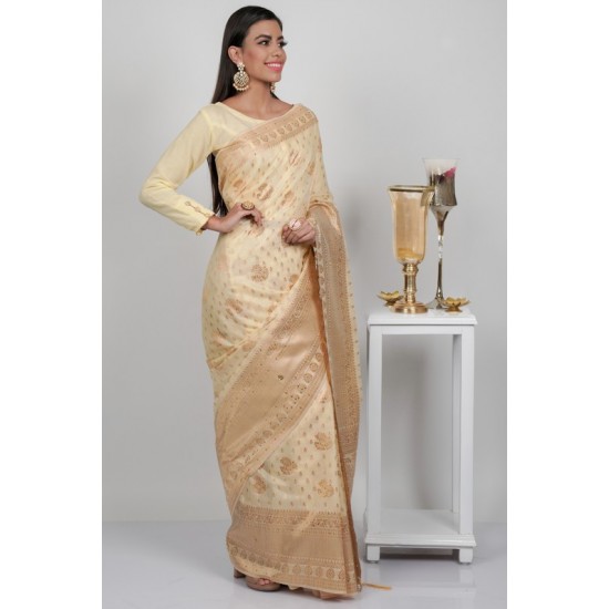 Beige Linen Embroidered Wedding Saree