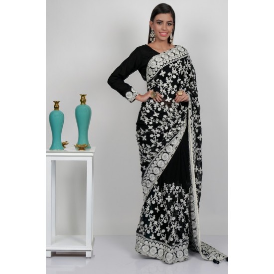 Black & White Embroidered Evening Saree