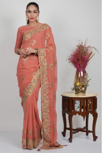 Rose Pink Embroidered Georgette Pakistani Designer Saree