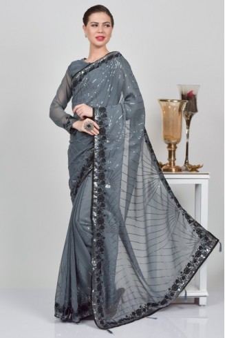 Dark Grey & Black Sequin Embroidered Party Saree
