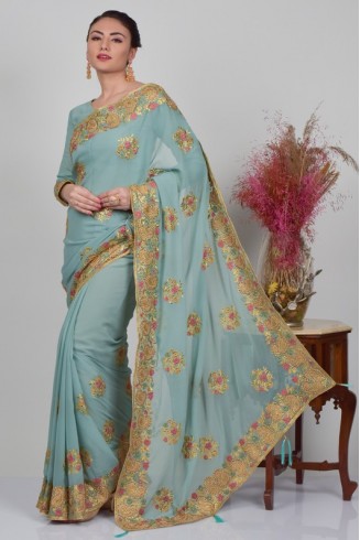 Light Grey Ethnic Embroidered Designer Saree