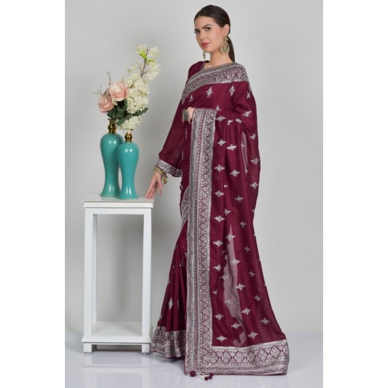 Plum Embellished Party Evening Saree