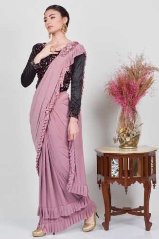 Black & Onion Lycra Frilled Readymade Saree