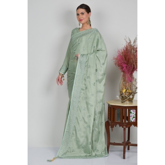 Light Mint Embroidered Indian Saree