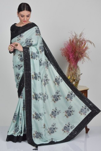 Black & Mint Printed Summer Saree