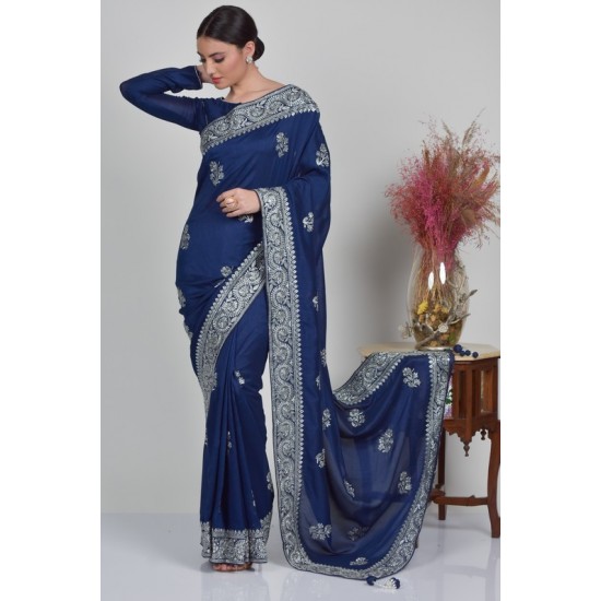 Navy Blue Luxury Vachitra Embroidered Saree
