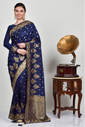 Navy Blue Brocade Indian Party Wear Saree