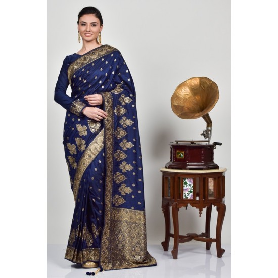 Navy Blue Brocade Indian Party Wear Saree