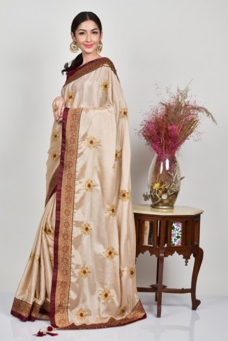 Beige & Maroon Bollywood Style Indian Saree