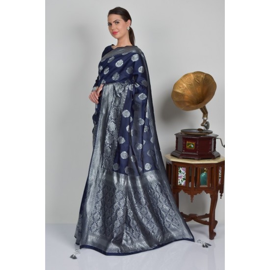 Blue & Grey Party Wear Brocade Saree