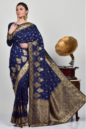 Navy Blue Brocade Indian Party Wear Saree