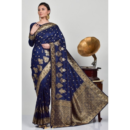 Navy Blue Brocade Indian Party Wear Saree