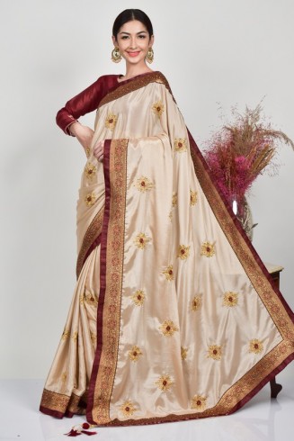 Beige & Maroon Bollywood Style Indian Saree