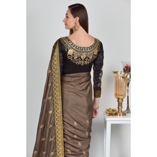 Designer Embroidered Brown Ethnic Saree