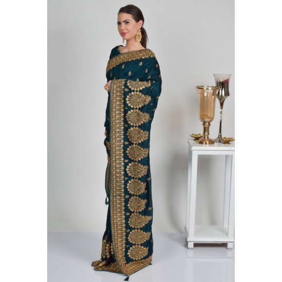 Peacock Blue Pakistani Designer Embroidered Saree